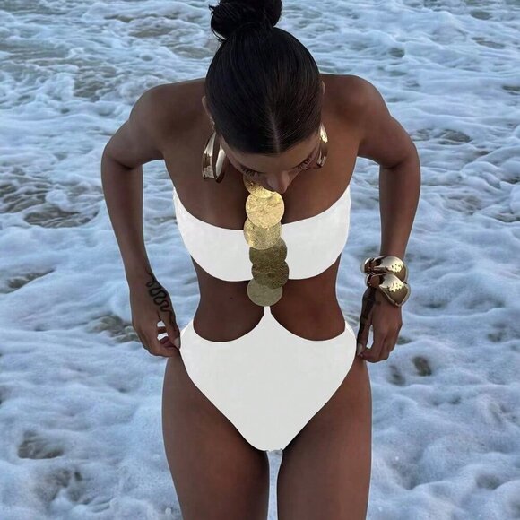 White Casual womens one piece swimsuit with details vacation beach - Picture 2 of 5